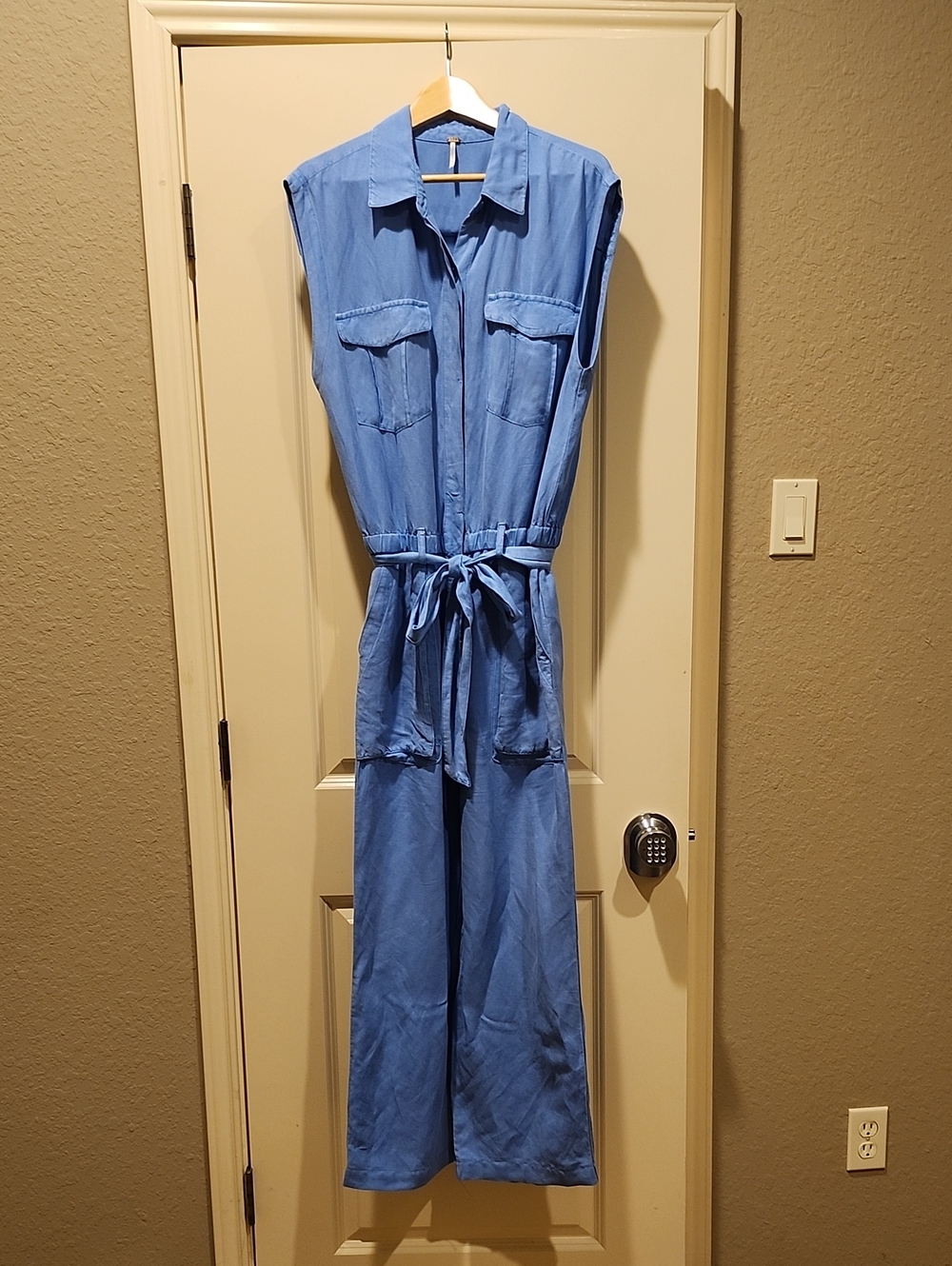 Sleeveless Chambray Tie-Waist Jumpsuit in Sky Blue